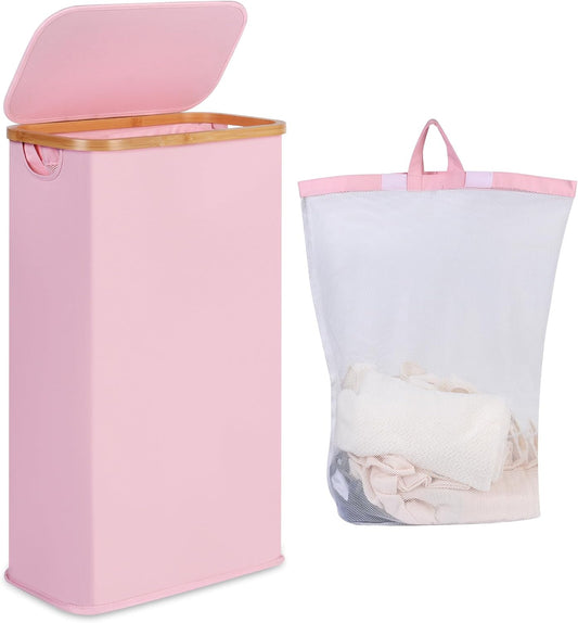 iEGrow 65L Slim Laundry Hamper, Narrow Laundry Basket with Lid,Foldable Clothes Hamper with Bamboo Handles,Hamper Basket with Removable Inner Bag for Laundry Room Bedroom College Dorm,17.17 Gals Pink