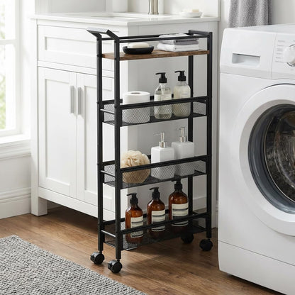 4 Tier Slim Rolling Storage Cart, 5.1 Inch Wide Narrow Storage Cart with Handle, Iron Wood Utility Slide Out Pantry Shelf Organizer for Laundry Room, Bathroom, Kitchen, Small Spaces, Black