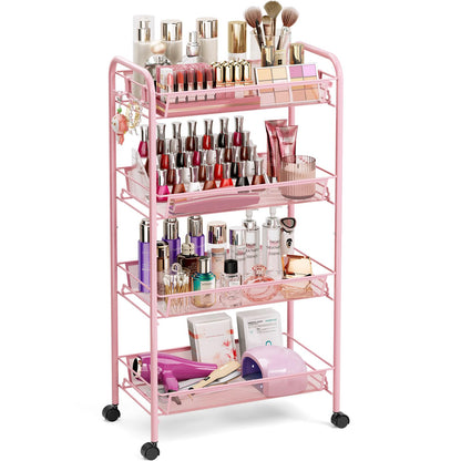 TOOLF 4 Tier Rolling Cart, Metal Utility Storage Cart with Wheels, White