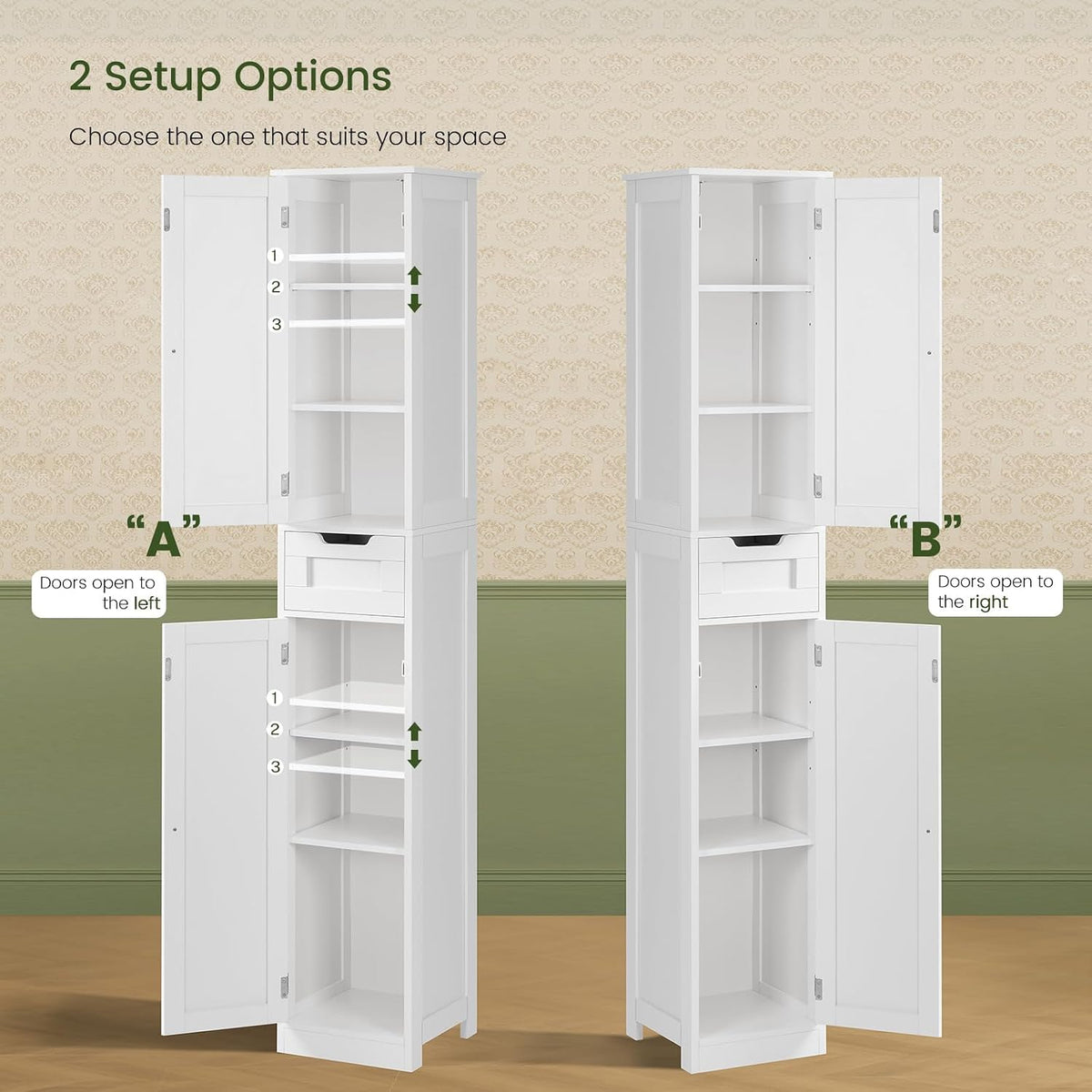 Iwell 66.9" Tall Bathroom Storage Cabinet with 2 Doors & 1 Drawer