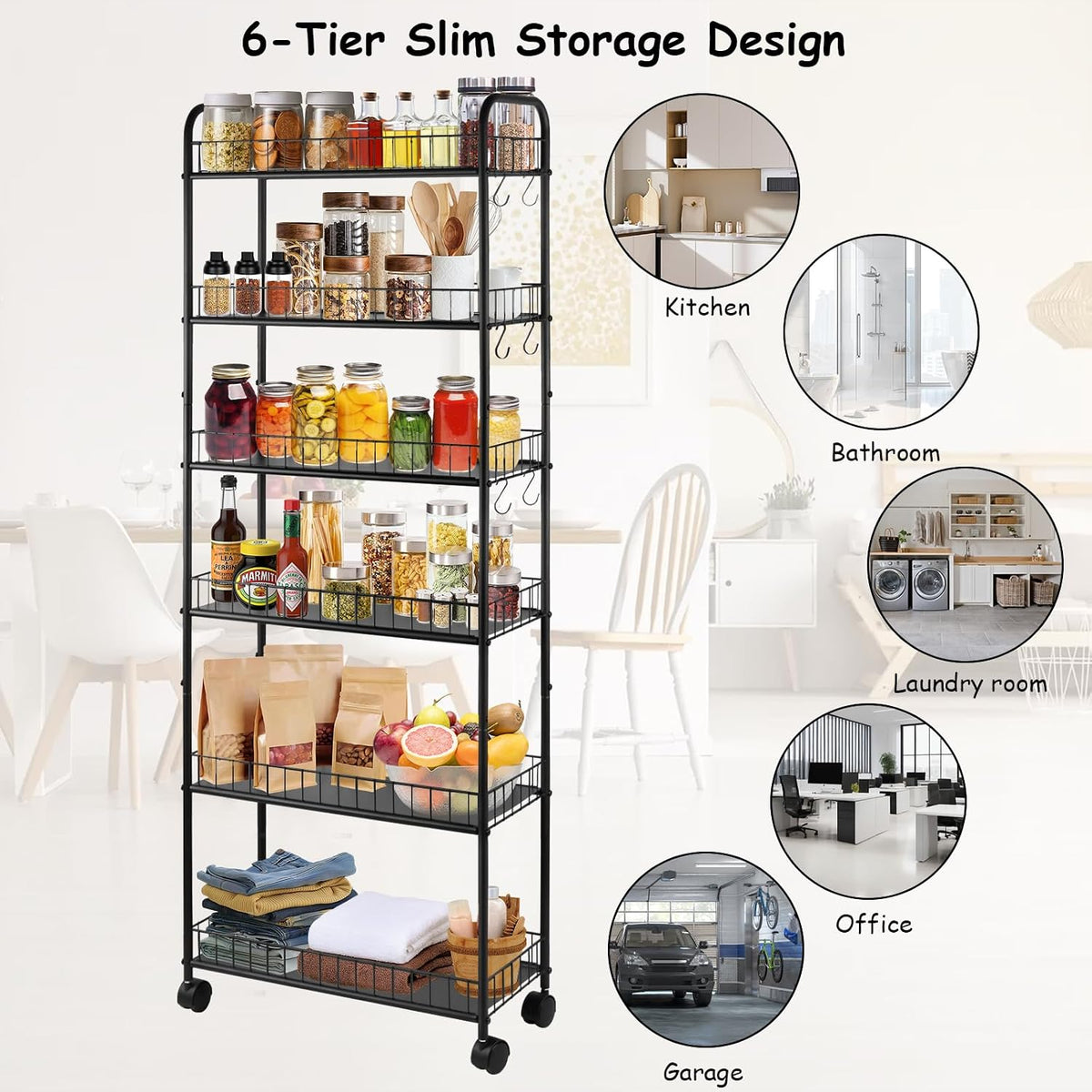 6-Tier Slim Rolling Storage Cart with Wheels, Tall Narrow Storage Shelves for Small Spaces, Metal Utility Cart Mobile Shelving Unit on Wheels for Kitchen, Bathroom, Office