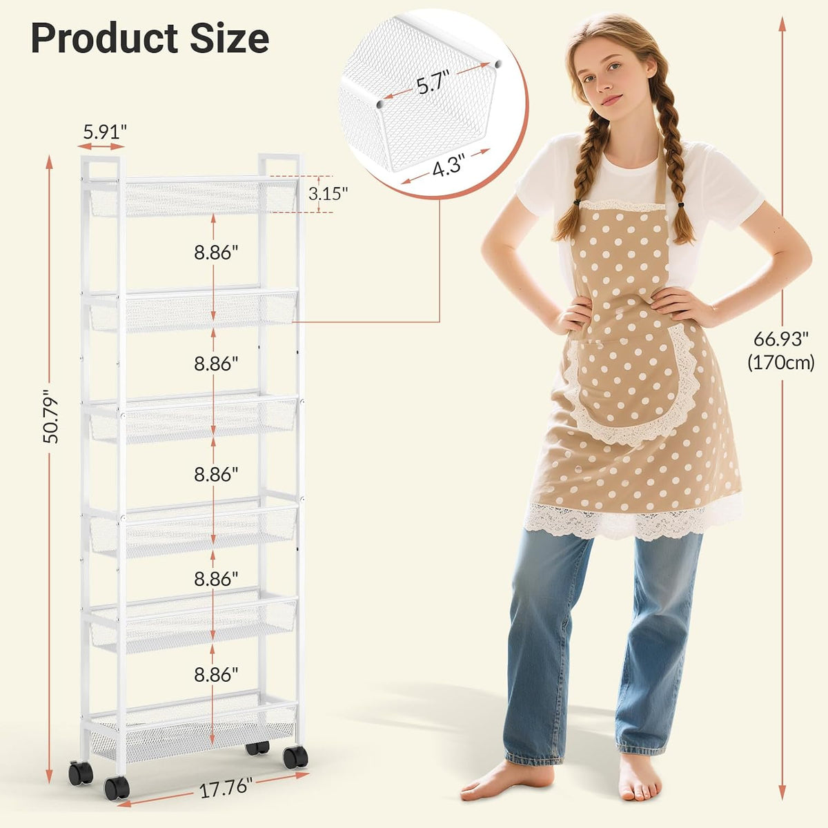 ThreeHio 6 Tier Slim Storage Cart, Narrow Cart with Wheels, Metal Mobile Shelving Unit Organizer for Bathroom, Kitchen, Laundry Room, Living Room & Narrow Spaces, White, 6in(W)