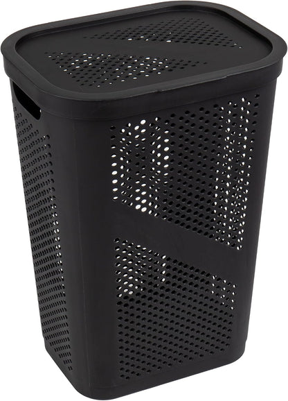 Mind Reader Slim Laundry Hamper with Lid, 60L Ventilated Clothes Baskets, Tapered Design for Bathrooms, Closets, Plastic, Set of 2, Black