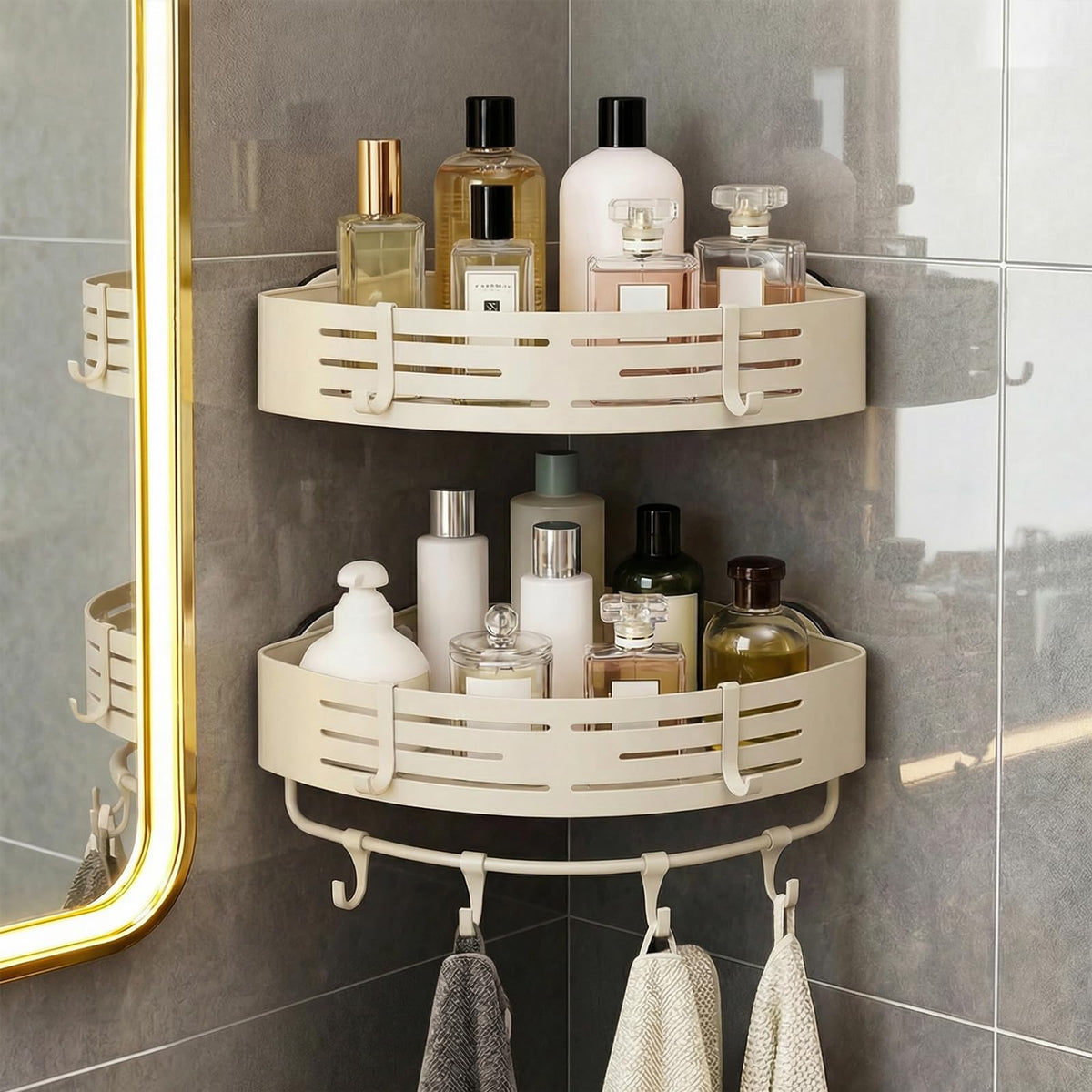 3-Tier No-Drill Storage Caddy with Hooks&Towel Bar,Organizing Solution for Bathroom,Shower&Kitchen,Holds Shampoos,Soaps,Sponges&Cleaners,Triangle