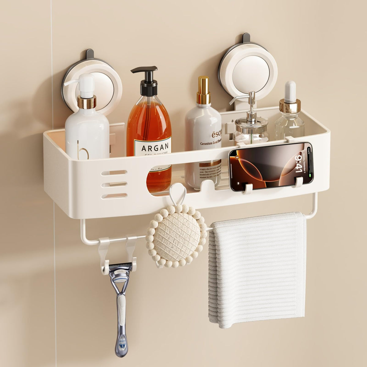 Voldra Corner Shower Caddy Suction Cup, Aluminum Corner Shower Shelves for Wall No Drilling, Large Suction Cup Shower Organizer with Towel Bar & Hooks Removable Bathroom Storage(2 Pack-Cream White)