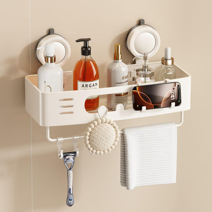 Voldra Corner Shower Caddy Suction Cup, Aluminum Corner Shower Shelves for Wall No Drilling, Large Suction Cup Shower Organizer with Towel Bar & Hooks Removable Bathroom Storage(2 Pack-Cream White)