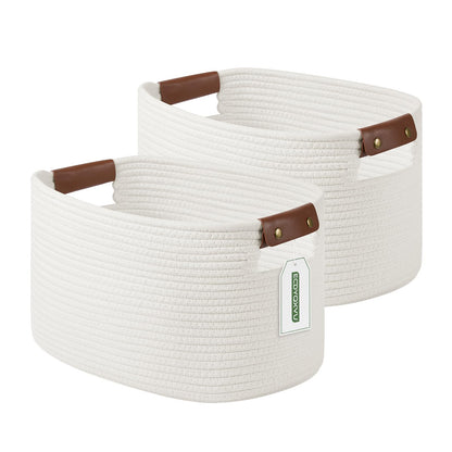 ECDYQXVU 15x10x9 Woven Cotton Rope Storage Basket, Leather Handles 1 Pack
