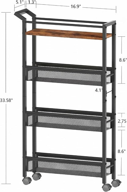 4 Tier Slim Rolling Storage Cart, 5.1 Inch Wide Narrow Storage Cart with Handle, Iron Wood Utility Slide Out Pantry Shelf Organizer for Laundry Room, Bathroom, Kitchen, Small Spaces, Black