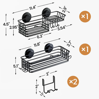 LEVERLOC Shower Caddy Suction Cup, 2 Pack Shower Shelves for Inside Shower with Hooks & Soap Holder, NO-Drilling Bathroom Shower Organizer, Rustproof Meatl Shower Holder Storage, Black