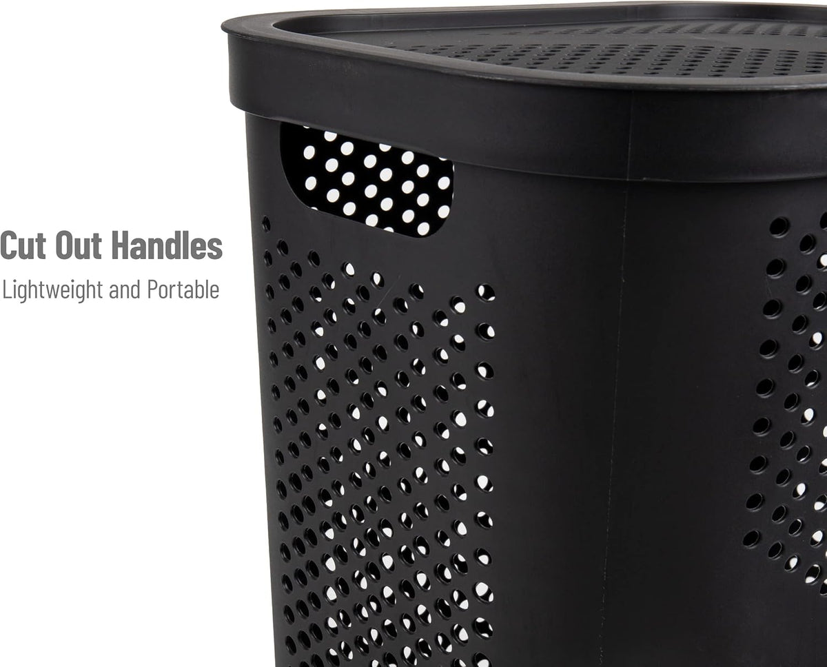 Mind Reader Slim Laundry Hamper with Lid, 60L Ventilated Clothes Baskets, Tapered Design for Bathrooms, Closets, Plastic, Set of 2, Black