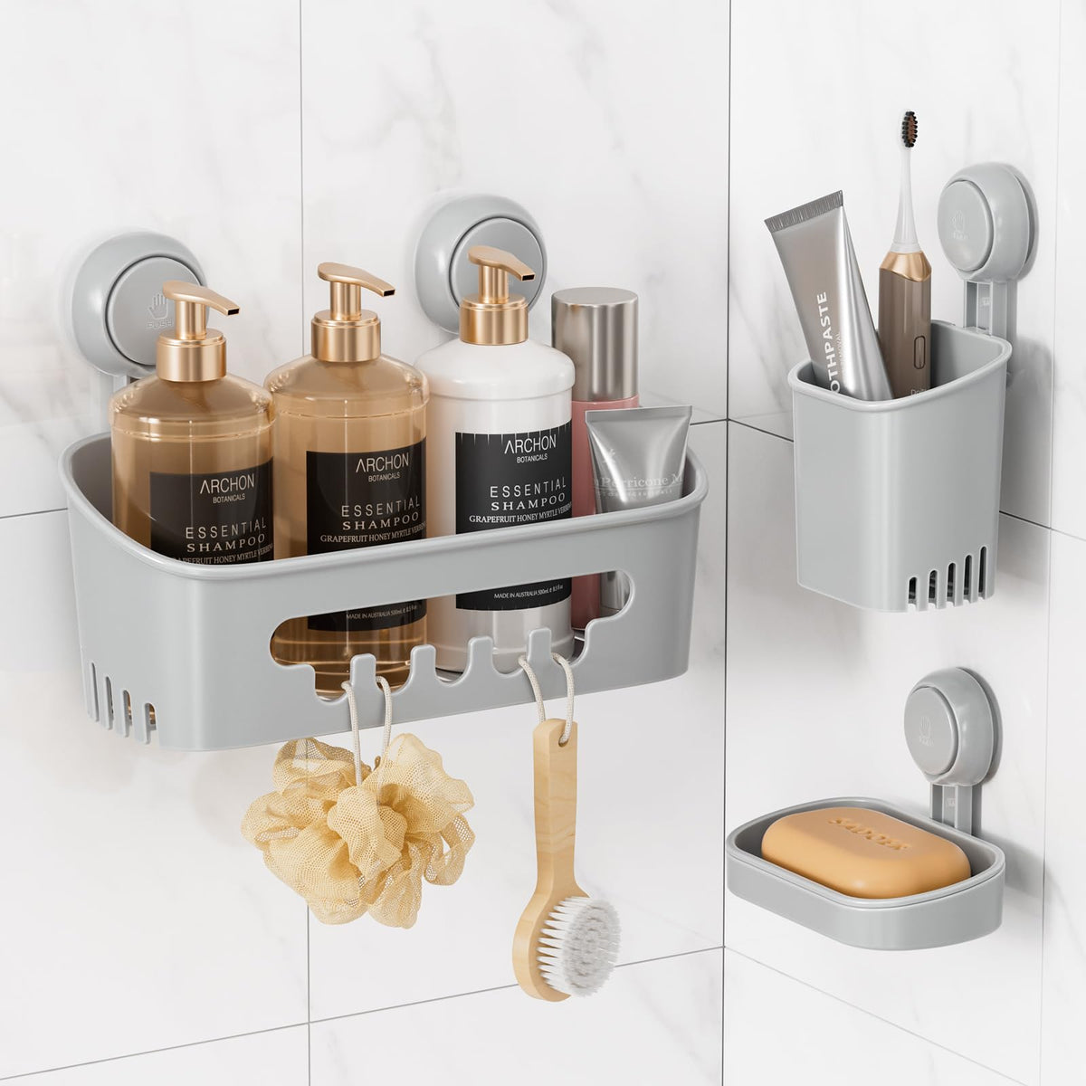 LEVERLOC Shower Caddy Suction Cup Set Shower Organizer & Soap Holder & Toothbrush Holder, Bathroom Shelf Basket NO-Drilling, Removable Suction Storage Waterproof Bathroom Caddy, White