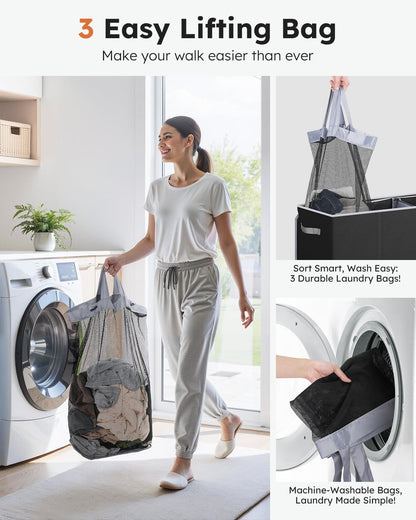 SOLEDI Large Laundry hamper 3 Section with Laundry Bag, XL Clothes Basket