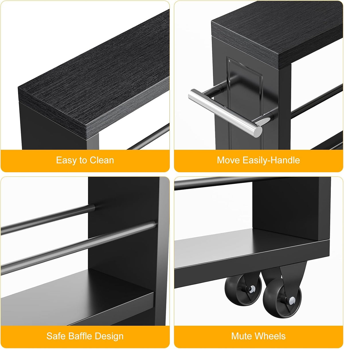 KLM Rolling Storage Cart 4-Tier Black Kitchen Cart with Wheels, Slim Storage Cart with Handle Slide Out Utility Cart Shelving Unit Organizer Trolley for Laundry Narrow Places Bathroom Small Corner