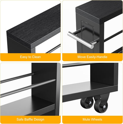 KLM Rolling Storage Cart 4-Tier Black Kitchen Cart with Wheels, Slim Storage Cart with Handle Slide Out Utility Cart Shelving Unit Organizer Trolley for Laundry Narrow Places Bathroom Small Corner