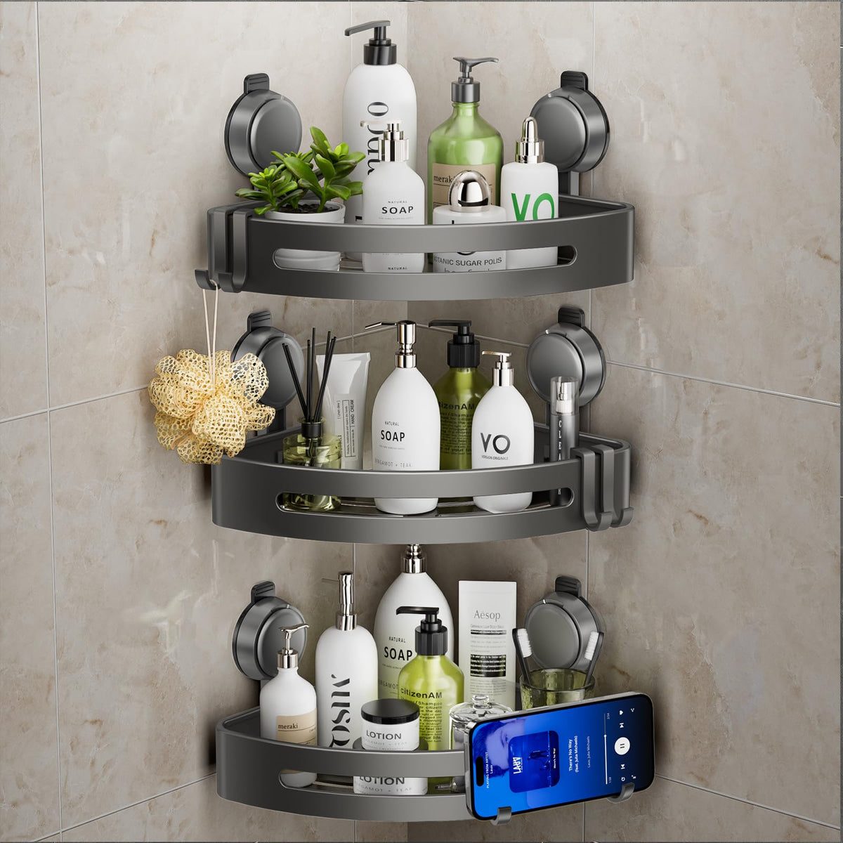 Corner Shower Caddy Suction Cup,Shower Shelves with Hooks,No Drilling Powerful Upgrade Suction Bathroom Corner Organizers and Storage,Removable Waterproof Rustproof Shower Shelf Bathroom Decor