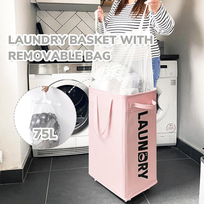 CHICVITA 75L Rolling Laundry Basket with Wheels Removable Wash Bag, Pink