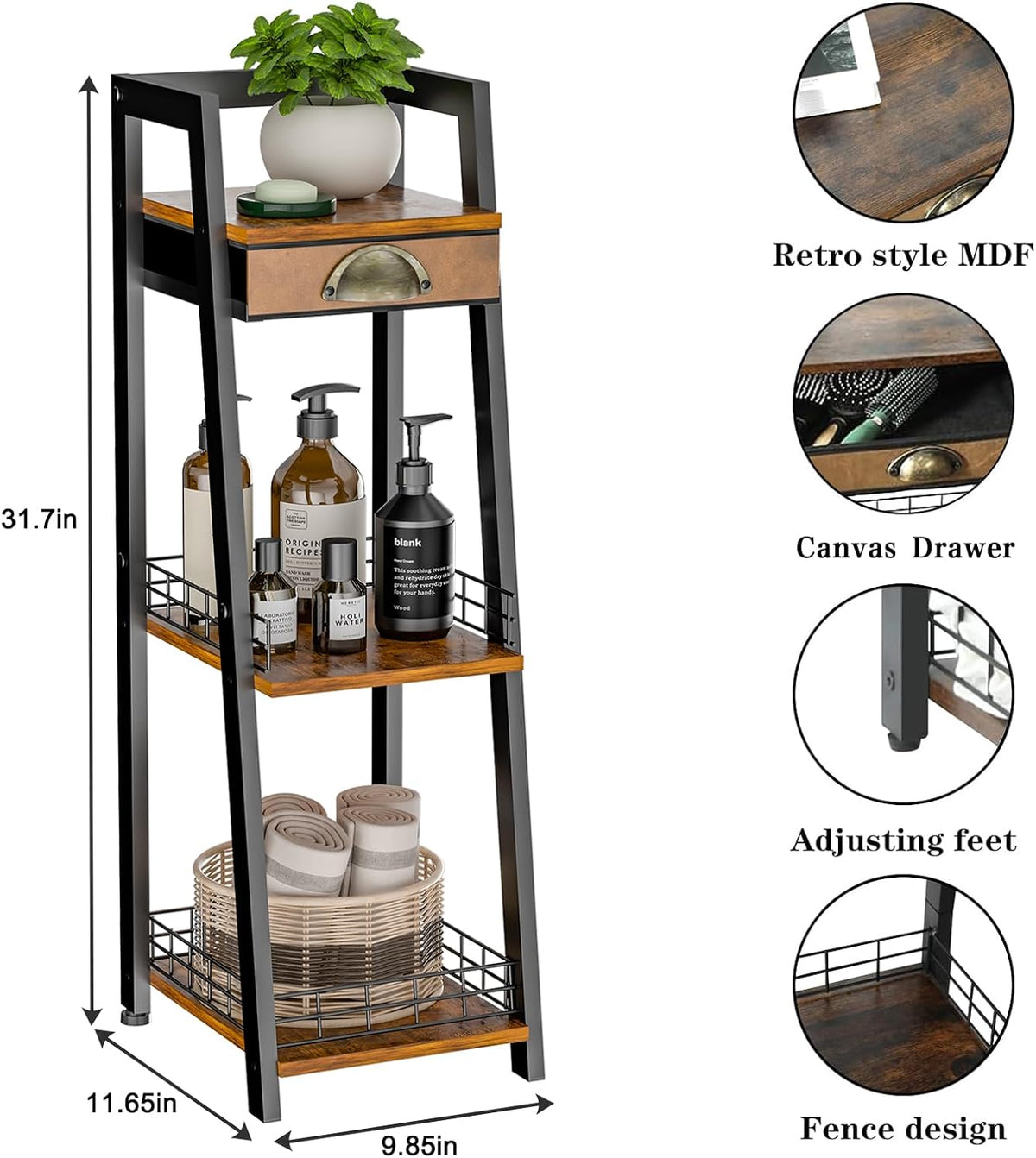 keomaisyto 3-Tier Narrow Bathroom Shelves with Drawer, Bathroom Organizers and Storage, Open Floor Ladder Shelf, Freestanding Tower Slim Standing Unit for Small Spaces - Rustic Brown