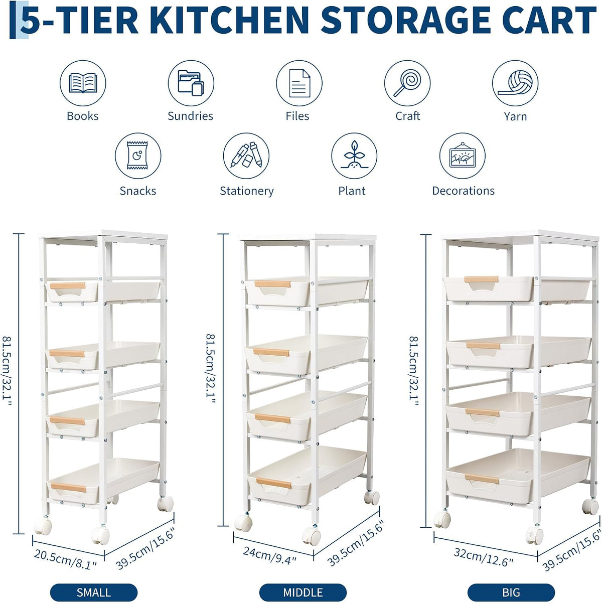 Garvee 5-Tier Slim Rolling Storage Cart, 9.5" Wooden Top Narrow Kitchen Carts on Wheels with Pull-Out Baskets, Mobile Shelving Unit Organizer for Kitchen, Bathroom, Laundry Room, Small Spaces