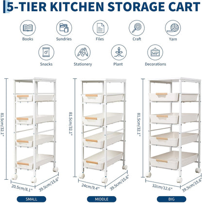 Garvee 5-Tier Slim Rolling Storage Cart, 9.5" Wooden Top Narrow Kitchen Carts on Wheels with Pull-Out Baskets, Mobile Shelving Unit Organizer for Kitchen, Bathroom, Laundry Room, Small Spaces