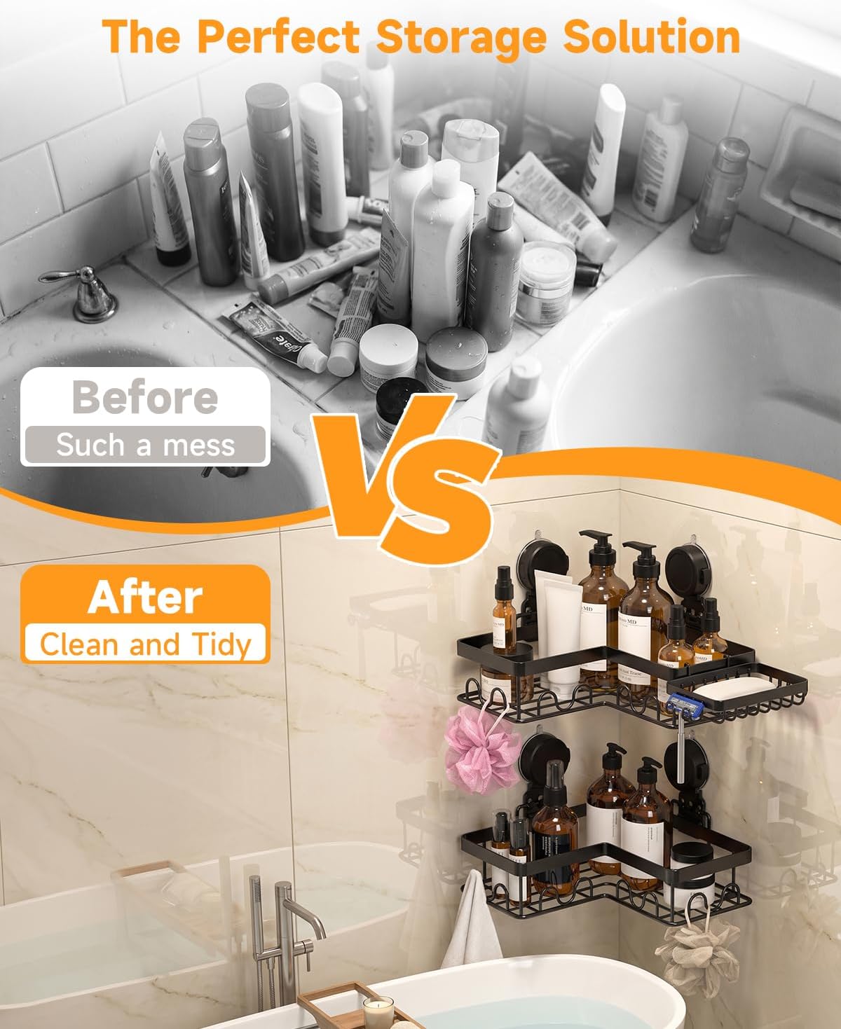 Corner Shower Caddy Suction Cup with Soap Holder and 16 Hooks