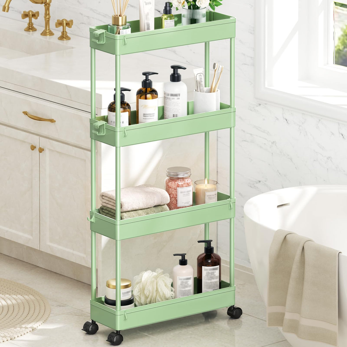 SPACEKEEPER Slim Rolling Storage Cart, 4 Tier Bathroom Cart Organizer,Black