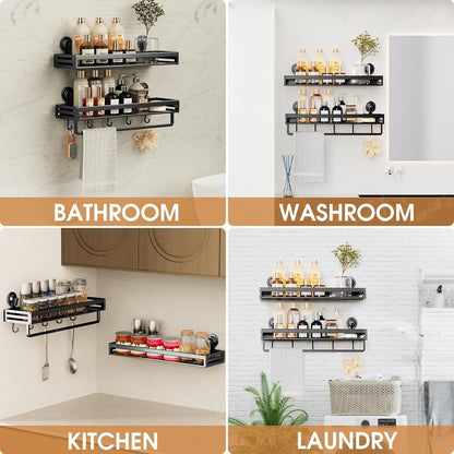 Suction Cup Shower Caddy with 5 Hooks & Towel Rrack 11.8inch Black