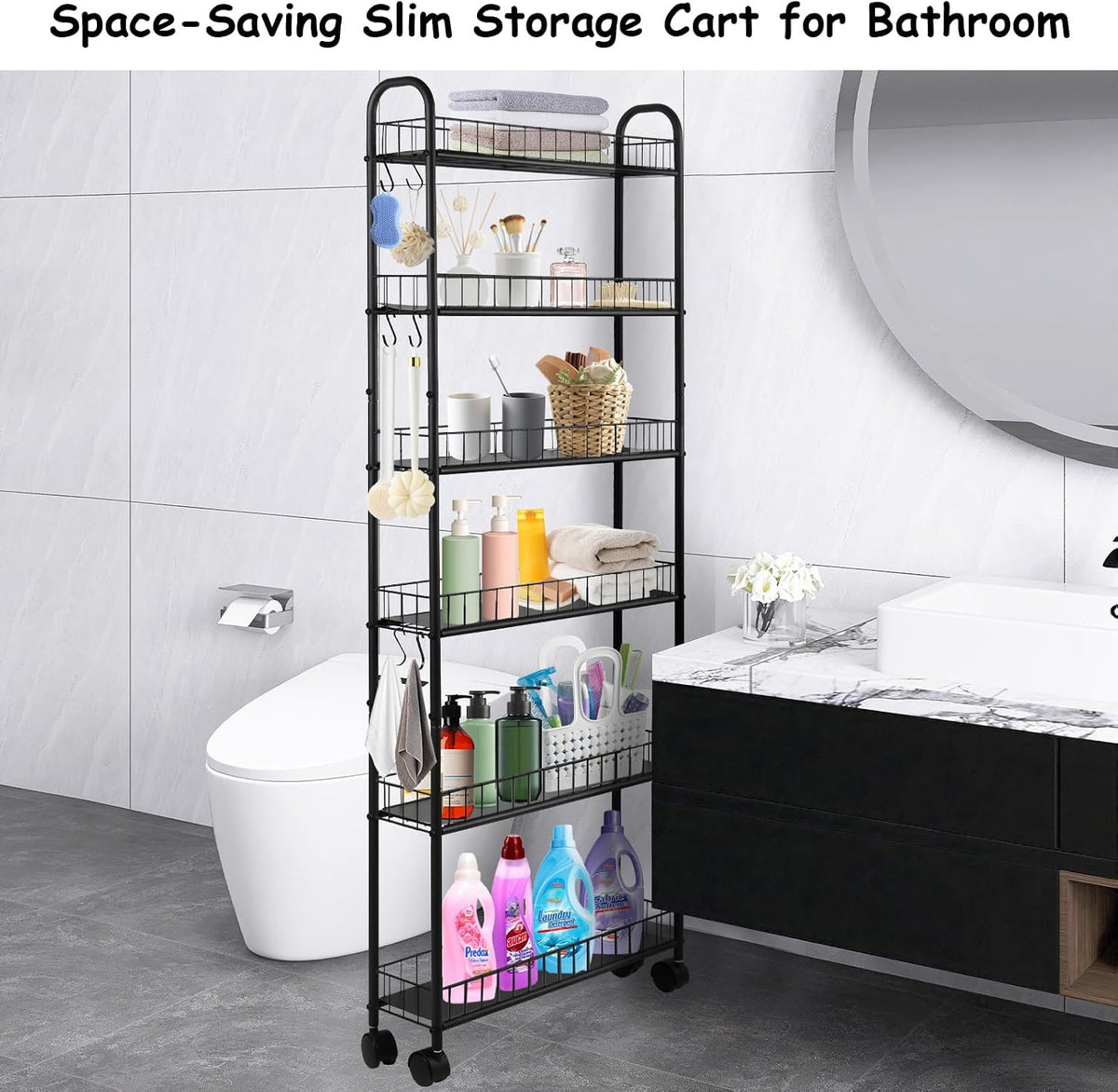6-Tier Slim Rolling Storage Cart with Wheels, Tall Narrow Storage Shelves for Small Spaces, Metal Utility Cart Mobile Shelving Unit on Wheels for Kitchen, Bathroom, Office