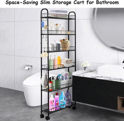6-Tier Slim Rolling Storage Cart with Wheels, Tall Narrow Storage Shelves for Small Spaces, Metal Utility Cart Mobile Shelving Unit on Wheels for Kitchen, Bathroom, Office