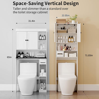 Over the Toilet Storage Cabinet, Tall Slim Bathroom Organizer with Doors, Adjustable Shelves & Built-in Toilet Paper Holder, Space-Saving Above Toilet Cabinet for Small Bathrooms(White)