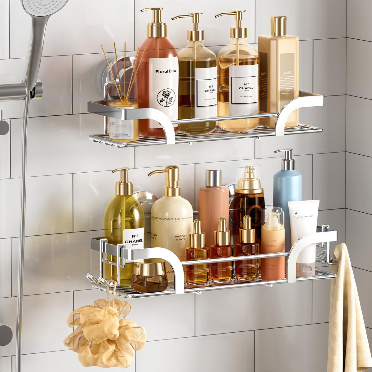 TAILI Shower Caddy Suction Cup with Hooks and Soap holder, Black