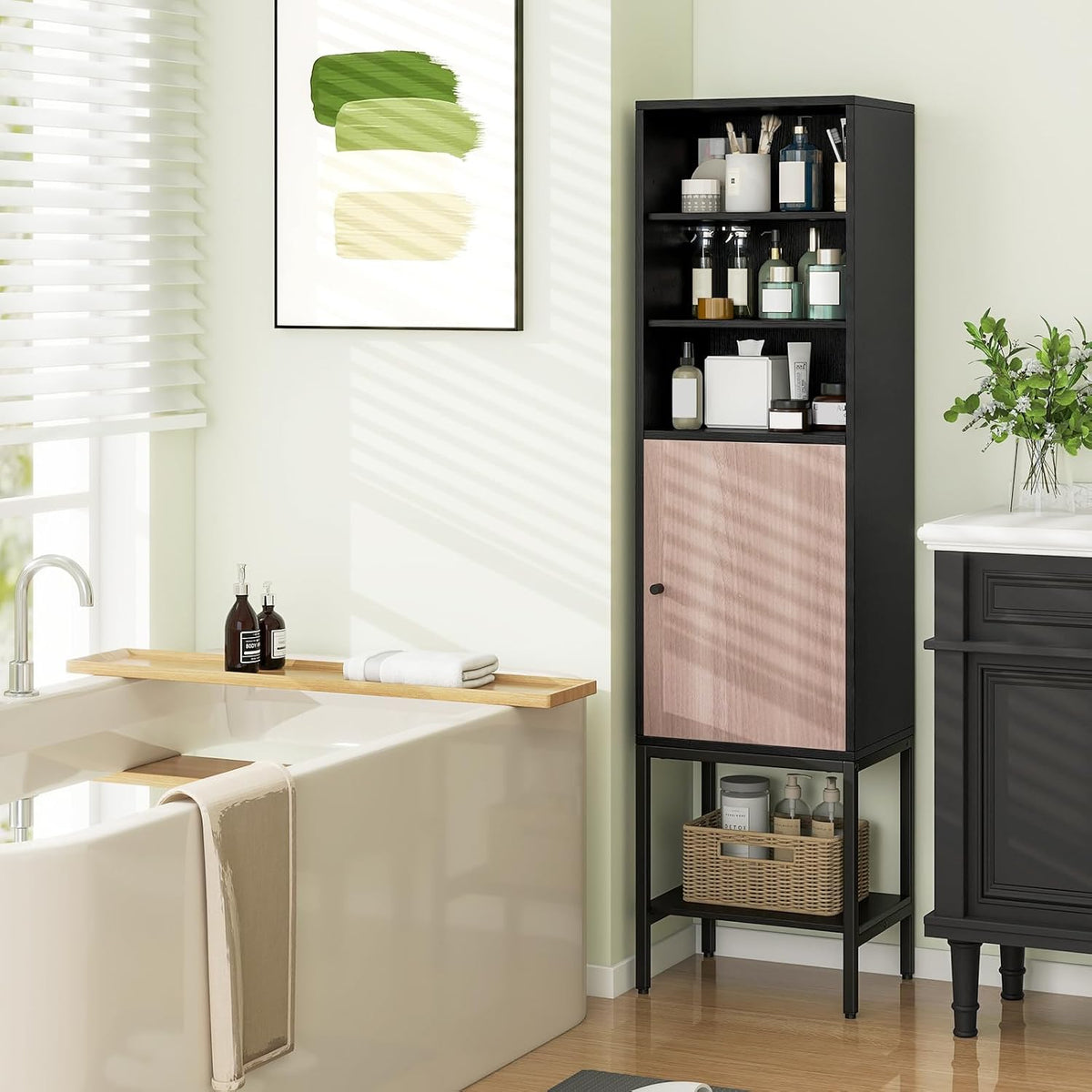 Tangkula Tall Bathroom Storage Cabinet with 1 Door and 4 Shelves, 57" H Narrow Floor Cabinet with Adjustable Shelves, Tall Slim Bathroom Cabinet for Living Room, Entryway, Kitchen (Black)
