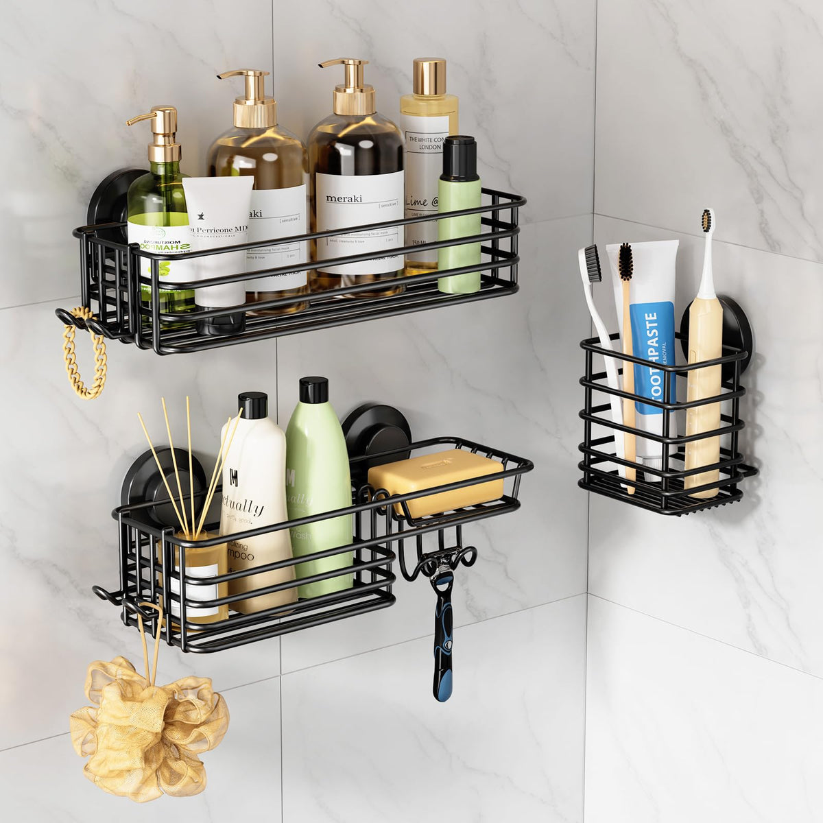 LEVERLOC Shower Caddy Suction Cup Set Shower Organizer & Soap Holder & Toothbrush Holder, Bathroom Shelf Basket NO-Drilling, Removable Suction Storage Waterproof Bathroom Caddy, White