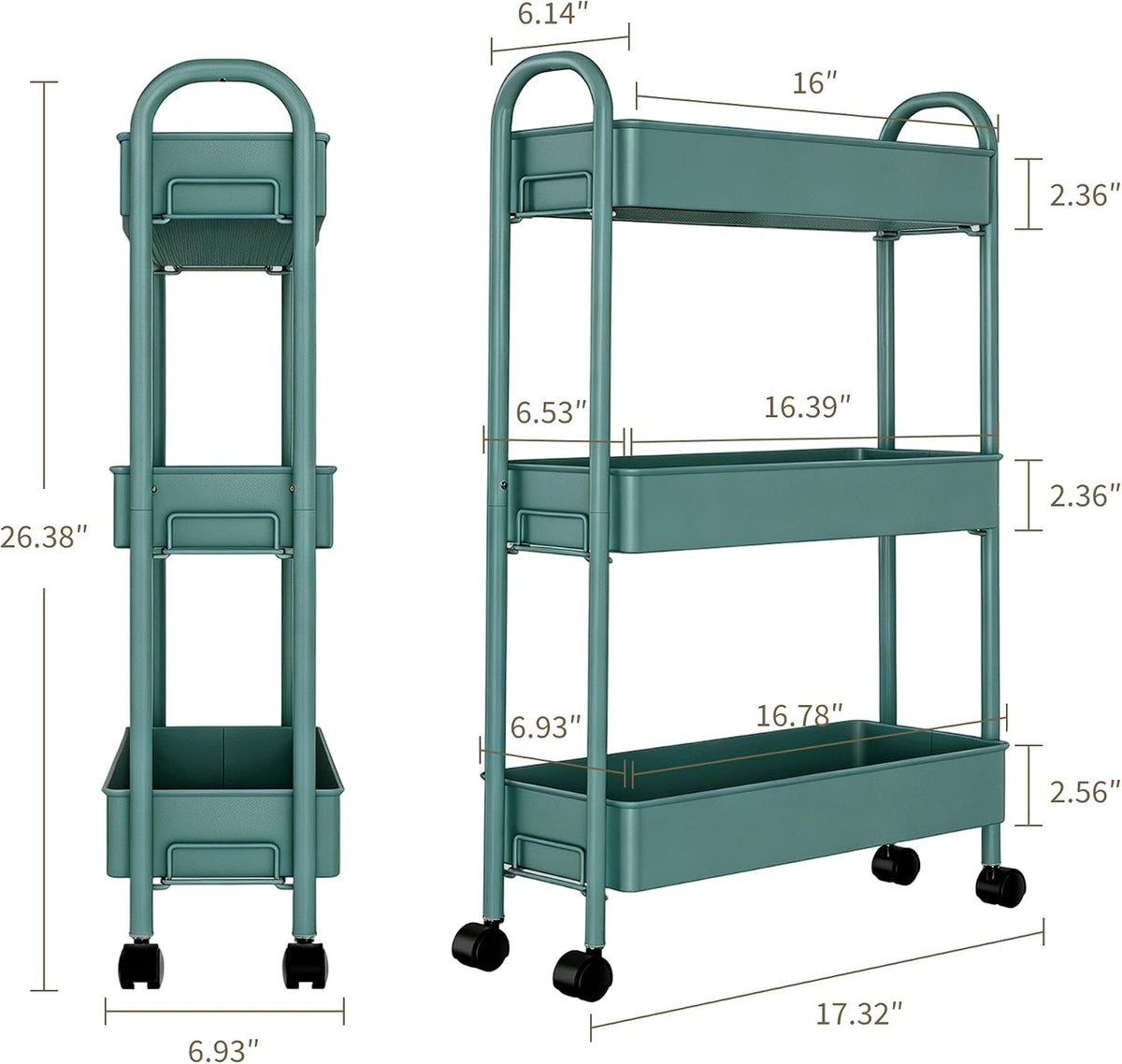 Slim Rolling Cart, Metal Frame Utility Rolling 3-Tier Narrow Storage Cart