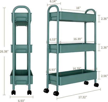 Slim Rolling Cart, Metal Frame Utility Rolling 3-Tier Narrow Storage Cart