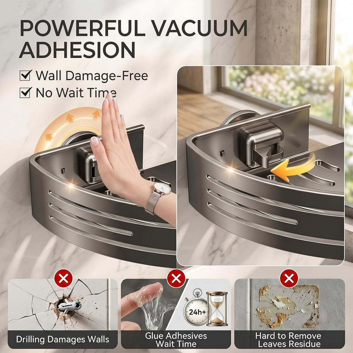 2 PCS Corner Shower Caddy Suction Cup with Hooks, No-Drilling (Gray)