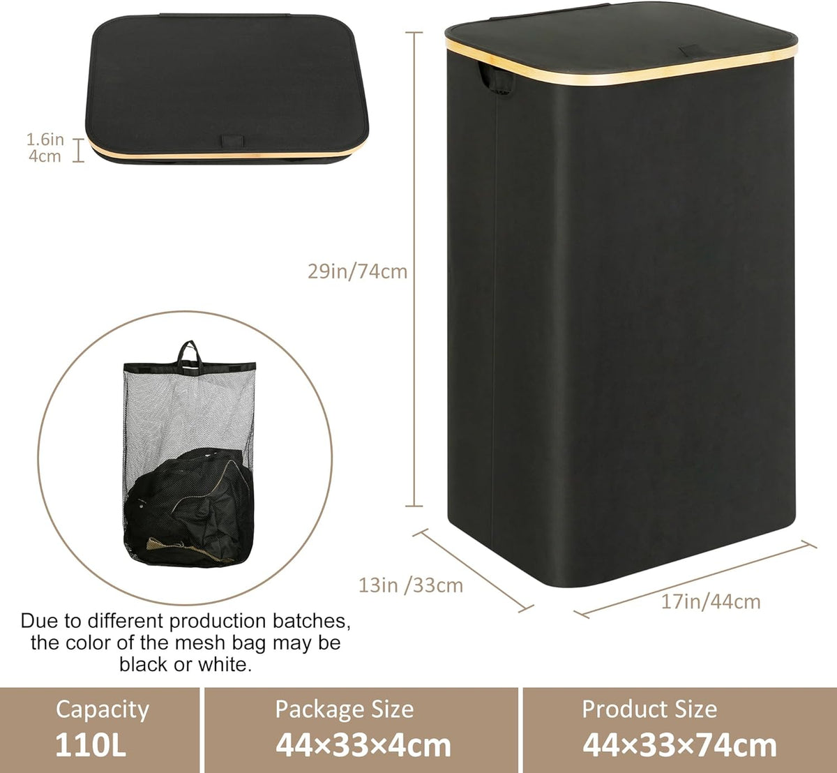 IEGrow Laundry Hamper with Lid,110L Laundry Basket with Mesh Bags,Black