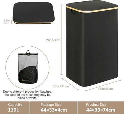 IEGrow Laundry Hamper with Lid,110L Laundry Basket with Mesh Bags,Black