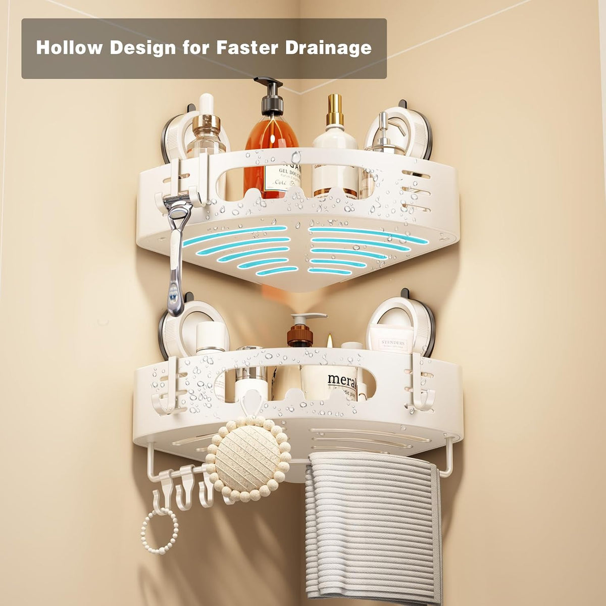 Voldra Corner Shower Caddy Suction Cup, Aluminum Corner Shower Shelves for Wall No Drilling, Large Suction Cup Shower Organizer with Towel Bar & Hooks Removable Bathroom Storage(2 Pack-Cream White)