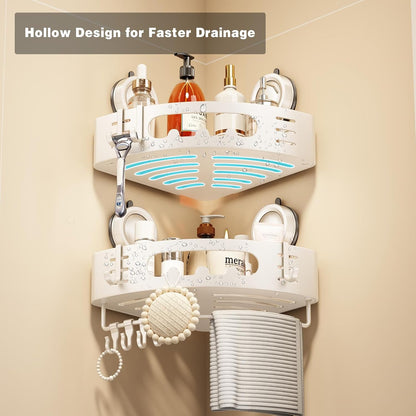 Voldra Corner Shower Caddy Suction Cup, Aluminum Corner Shower Shelves for Wall No Drilling, Large Suction Cup Shower Organizer with Towel Bar & Hooks Removable Bathroom Storage(2 Pack-Cream White)