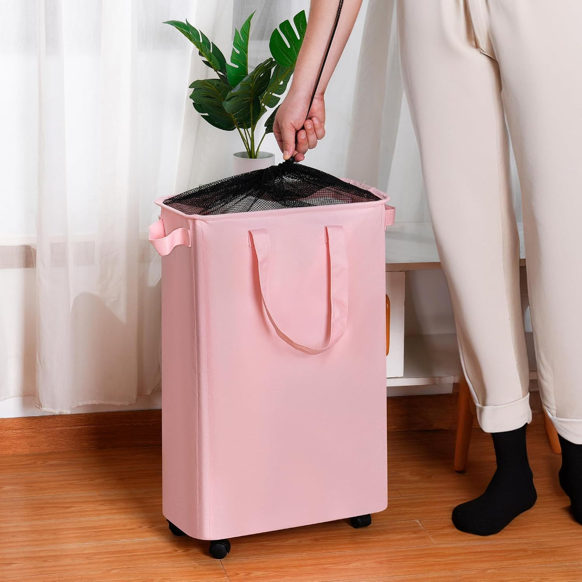 efluky Slim Laundry Hamper with Wheels, Rolling Laundry Basket for Clothes, Small Laundry Basket for Bedroom, Dorm and Laundry Room, 60L Beige