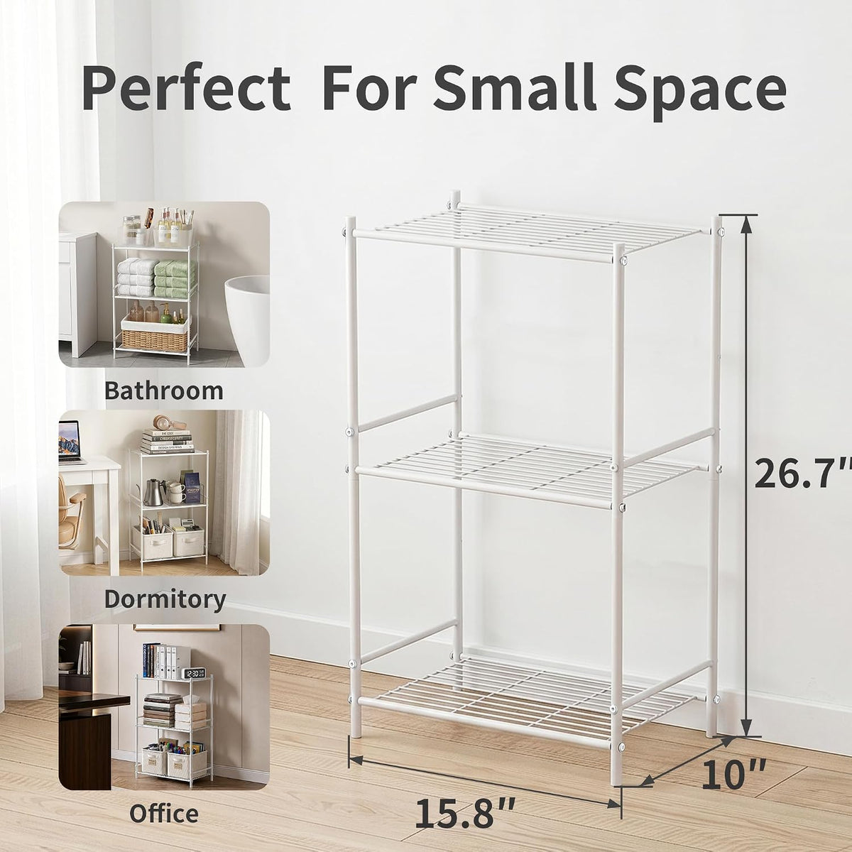 JAQ 3 Tier Small Shelf for Small Spaces, Narrow Bathroom Shelving Unit, Metal Storage Shelf Organizer for Bathroom, Closet, Laundry Room, Dorm, Office, White