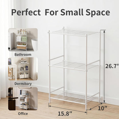 JAQ 3 Tier Small Shelf for Small Spaces, Narrow Bathroom Shelving Unit, Metal Storage Shelf Organizer for Bathroom, Closet, Laundry Room, Dorm, Office, White