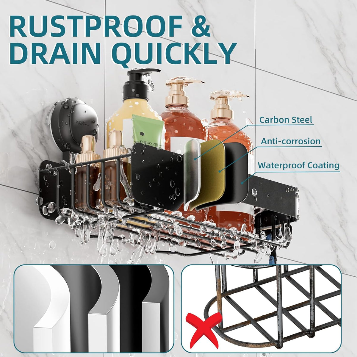 TAILI Shower Caddy Suction Cup Rustproof Metal Visible indicator Black
