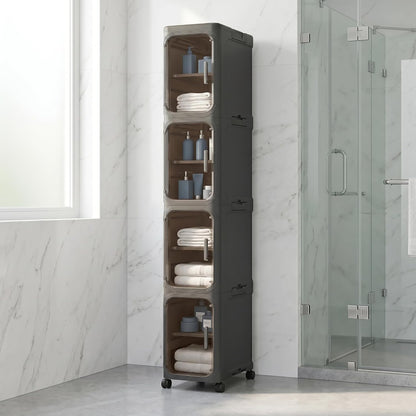 KHNR 4-Tiers Slim Bathroom Storage Cabinet, Foldable Storage Cabinets,Narrow Bathroom Storage,Movable Bathroom Storage Organizer for Small Spaces,Bathroom,Kitchen,Laundry,Black
