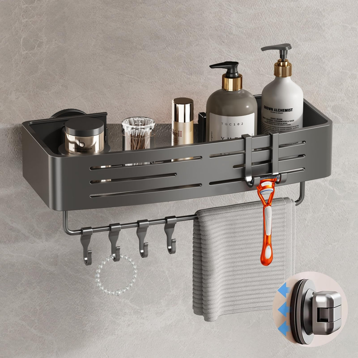 Voldra Shower Caddy Suction Cup, 3 Pack Shower Shelves for Inside Shower No Drilling, Aluminum Suction Showers Organizer with Towel Bar & Hooks Removable Bathroom Shelf Storage Rack(Gray)