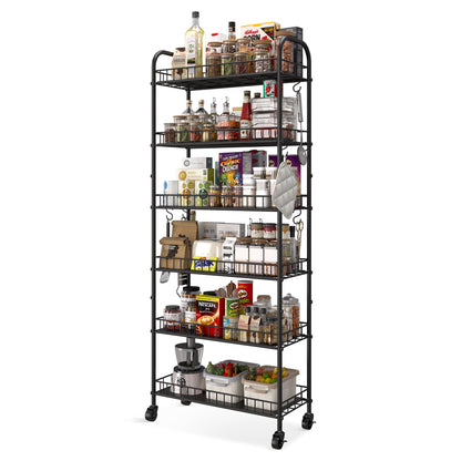 Slim Rolling Storage Cart with Wheels, Metal 6 Tier Spice Rack Mobile Shelving Unit Organizer Kitchen Utility Cart for Office Bathroom Kitchen Laundry Room Narrow Places (6inches)