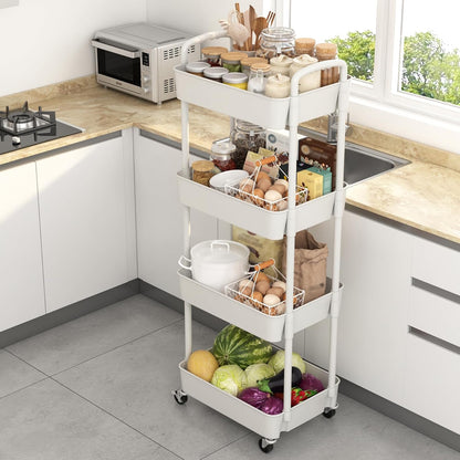 Sywhitta 4-Tier Plastic Rolling Utility Cart with Wheels for Storage,White