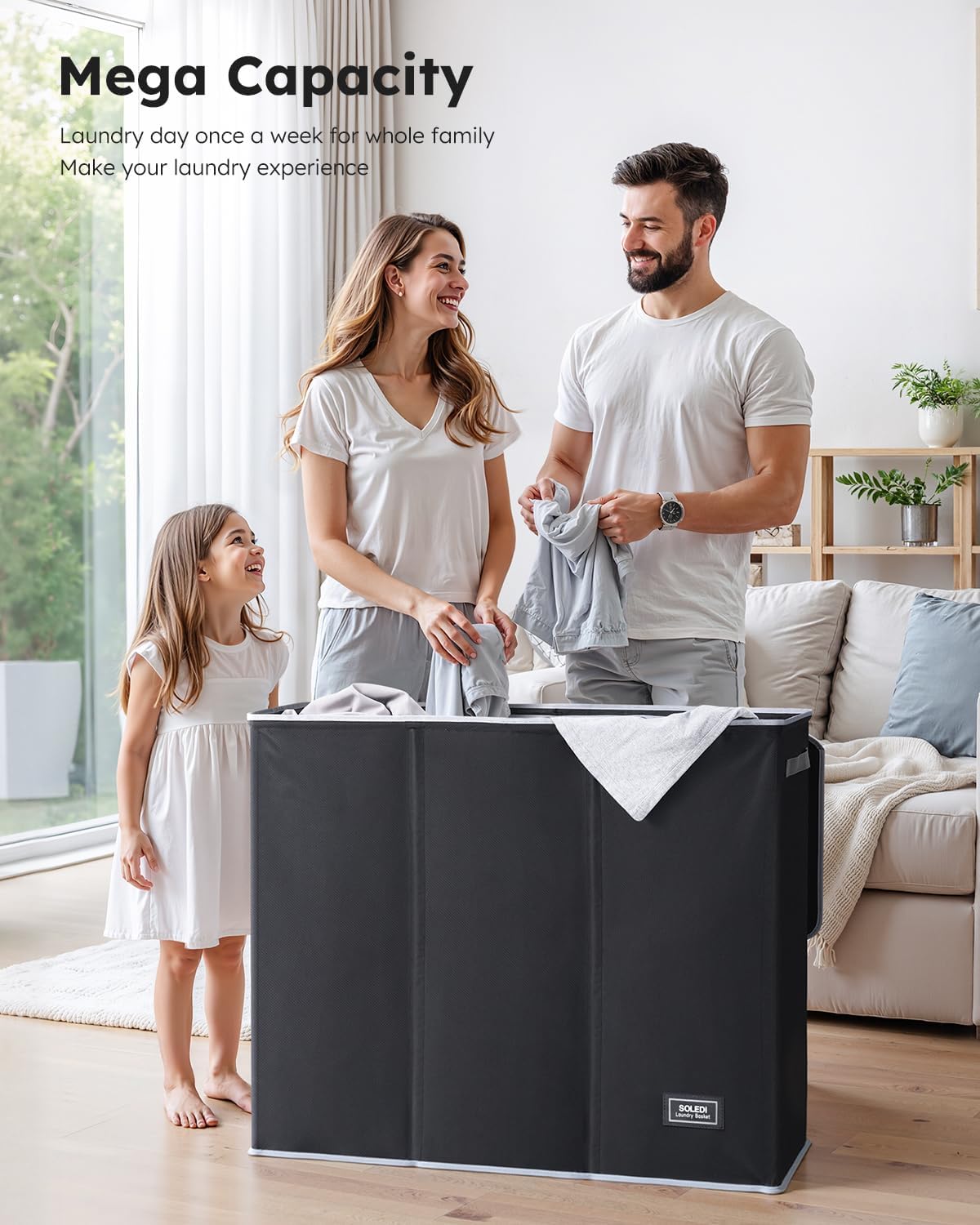 SOLEDI Large Laundry hamper 3 Section with Laundry Bag, XL Clothes Basket