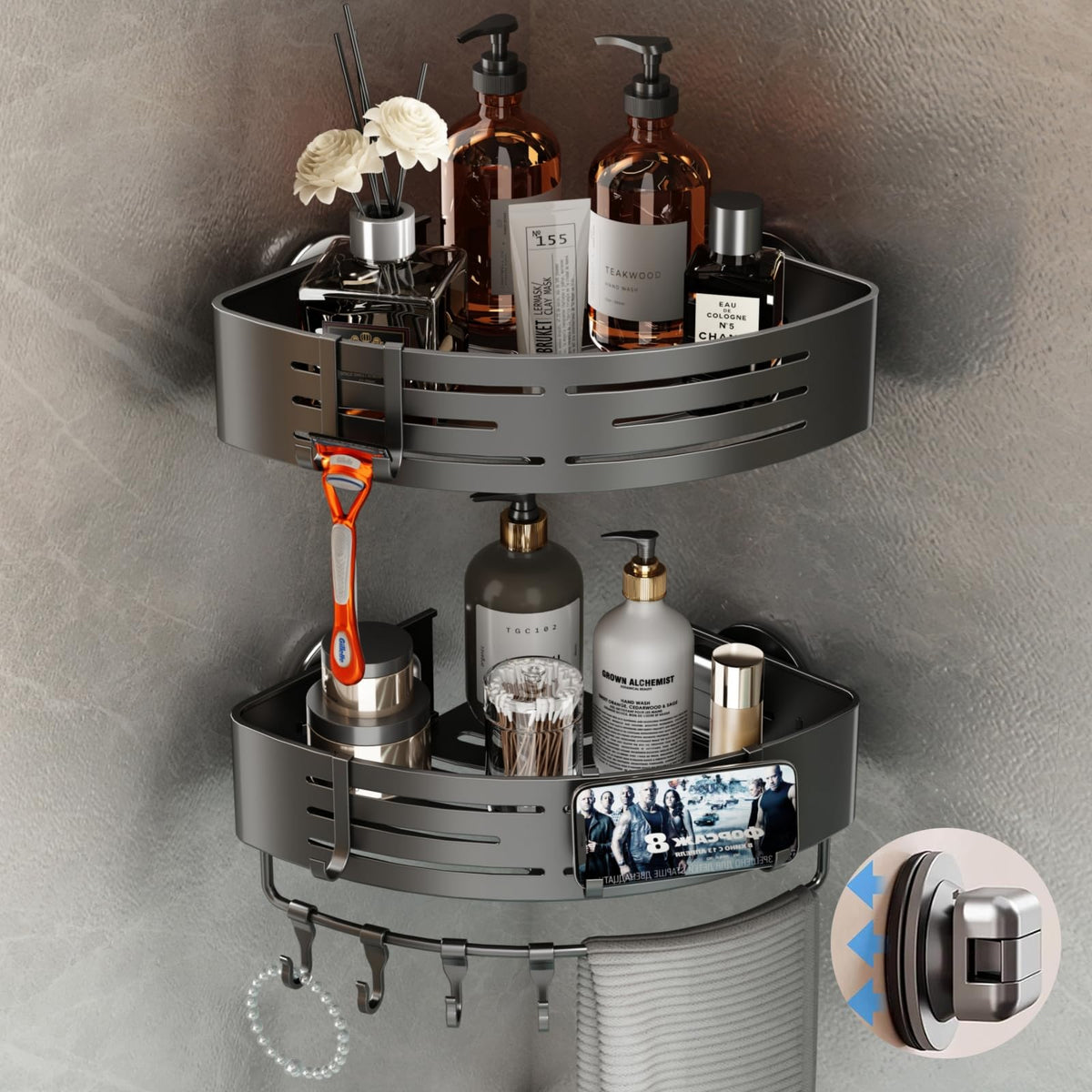 Voldra Shower Caddy Suction Cup, 3 Pack Shower Shelves for Inside Shower No Drilling, Aluminum Suction Showers Organizer with Towel Bar & Hooks Removable Bathroom Shelf Storage Rack(Gray)