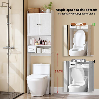 Over the Toilet Storage Cabinet, Tall Slim Bathroom Organizer with Doors, Adjustable Shelves & Built-in Toilet Paper Holder, Space-Saving Above Toilet Cabinet for Small Bathrooms(White)